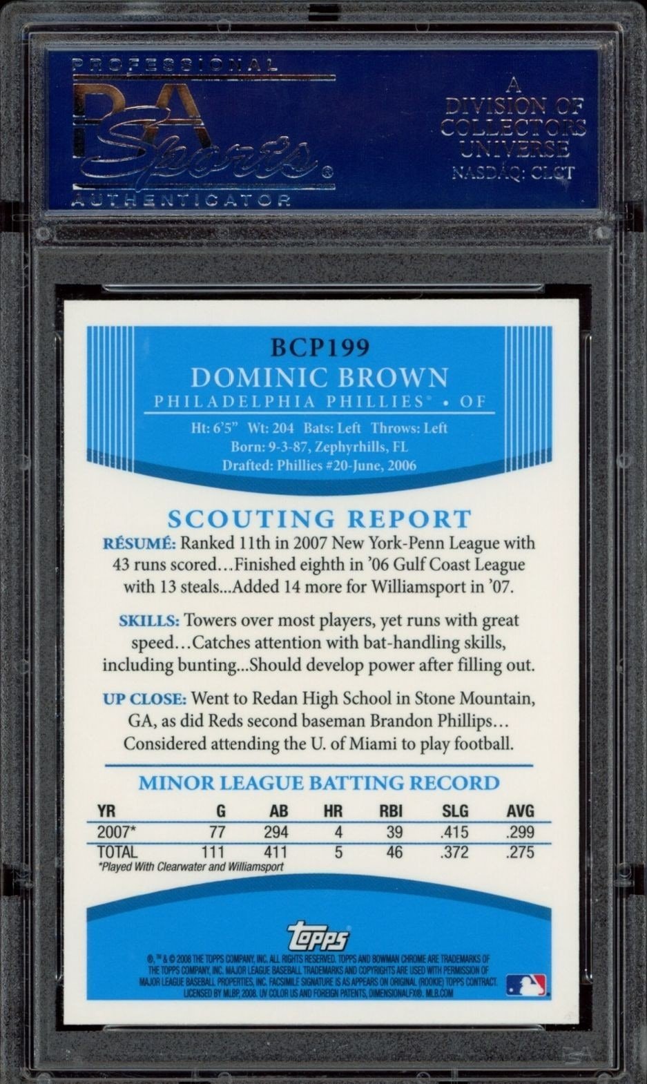 2008 Bowman Chrome Dominic Brown #BCP199 baseball trading card back