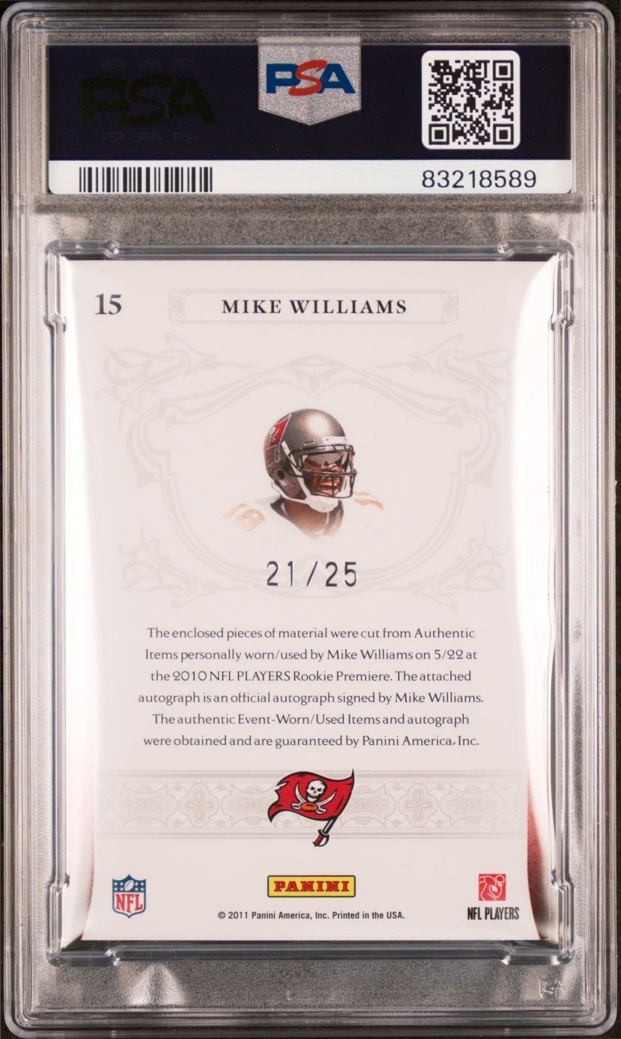 2010 Playoff National Treasures Mike Williams #15 football trading card back