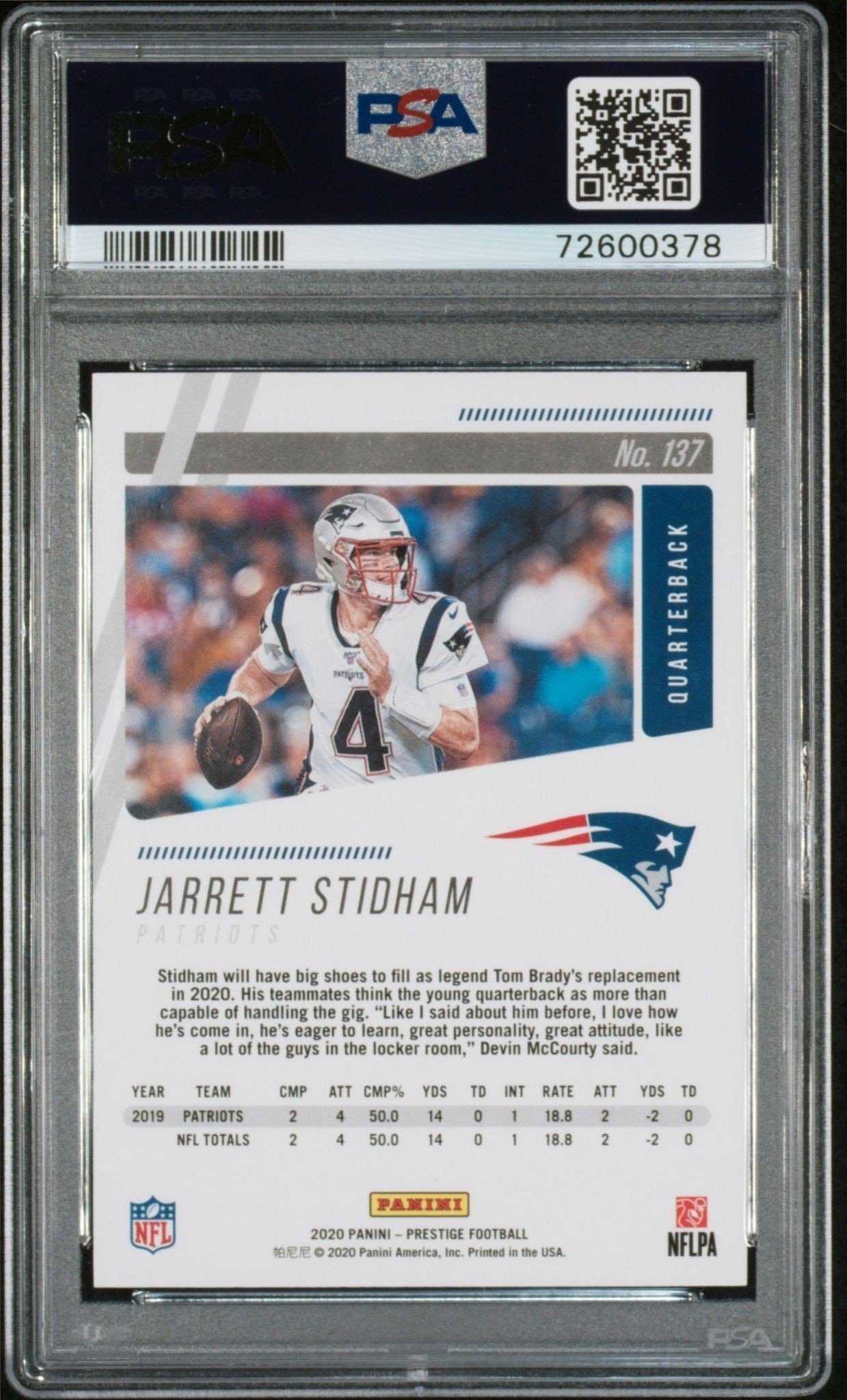 2020 Panini Prestige Jarrett Stidham #137 football trading card back
