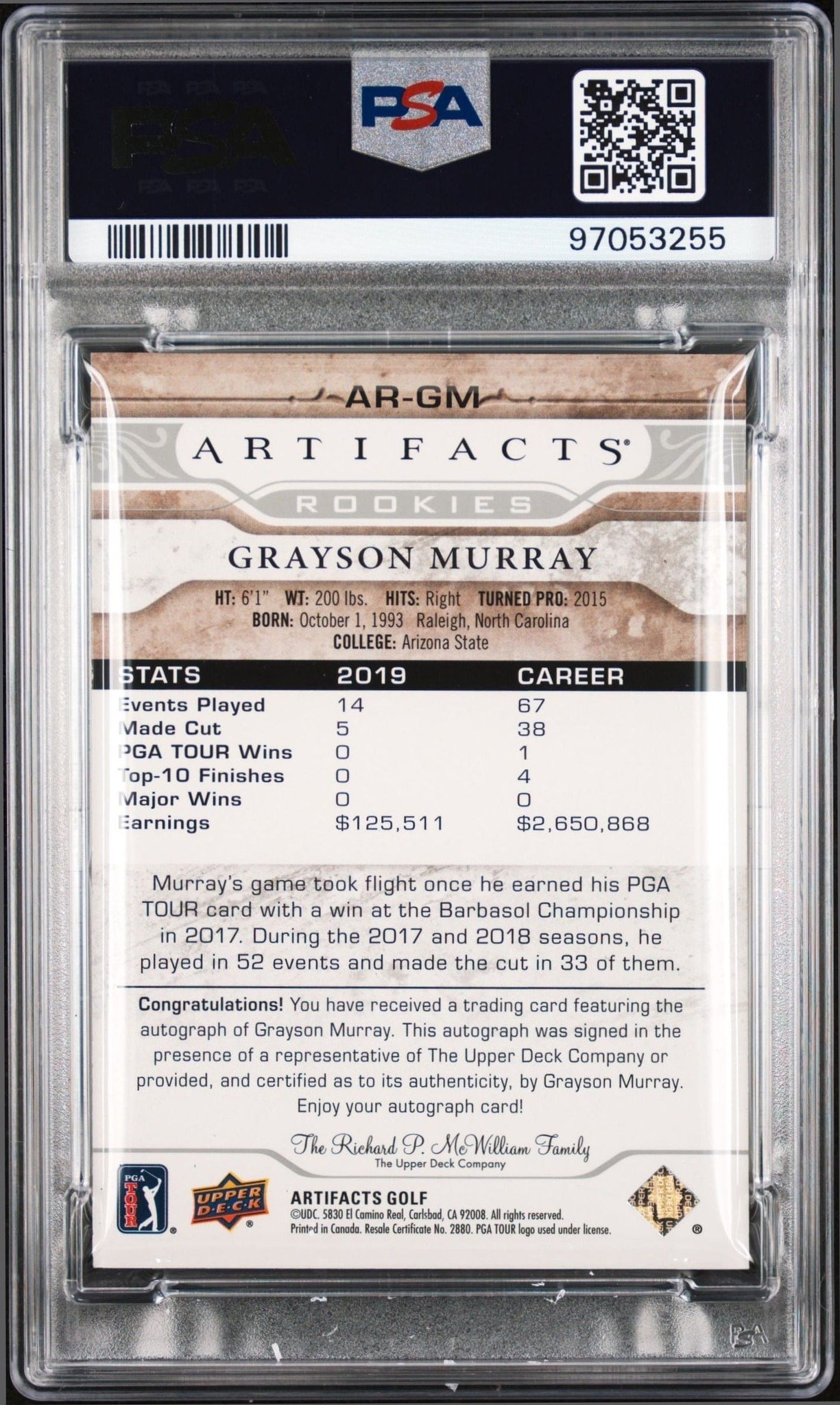 2021 Upper Deck Artifacts Grayson Murray #AR-GM golf trading card back
