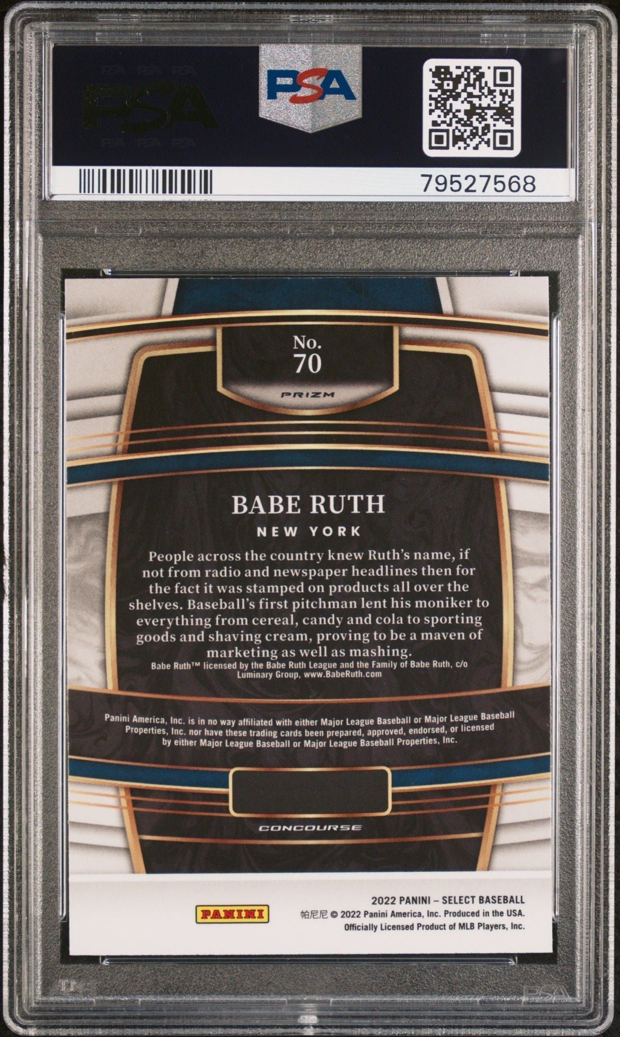 2022 Panini Select Babe Ruth #70 baseball trading card back