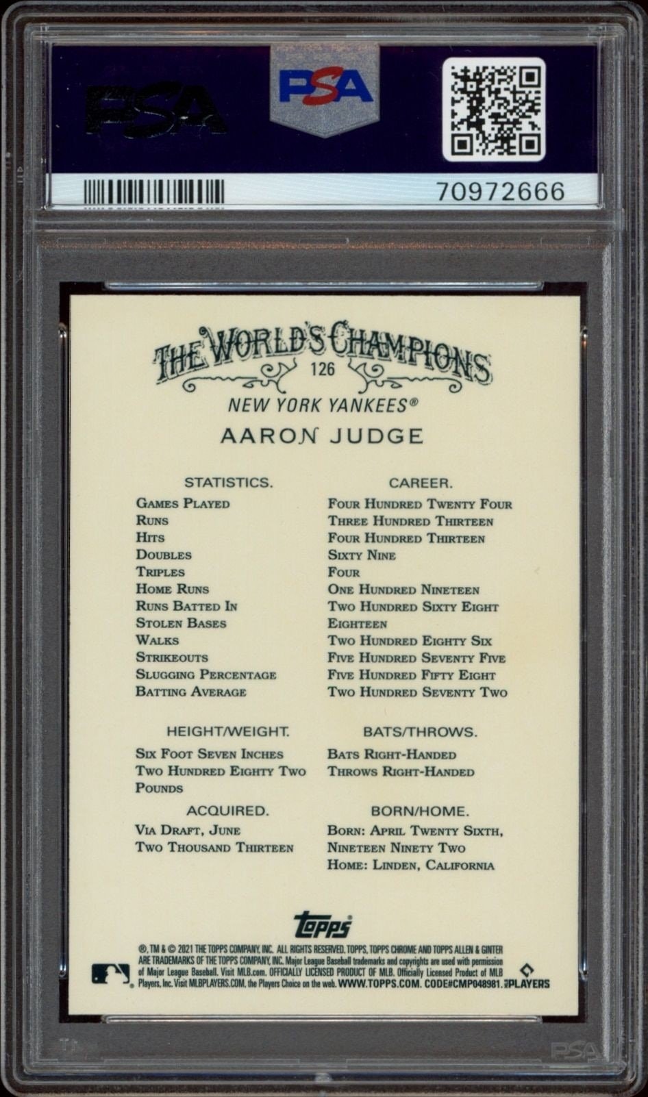 2021 Topps Allen & Ginter Chrome Aaron Judge #126 baseball trading card back