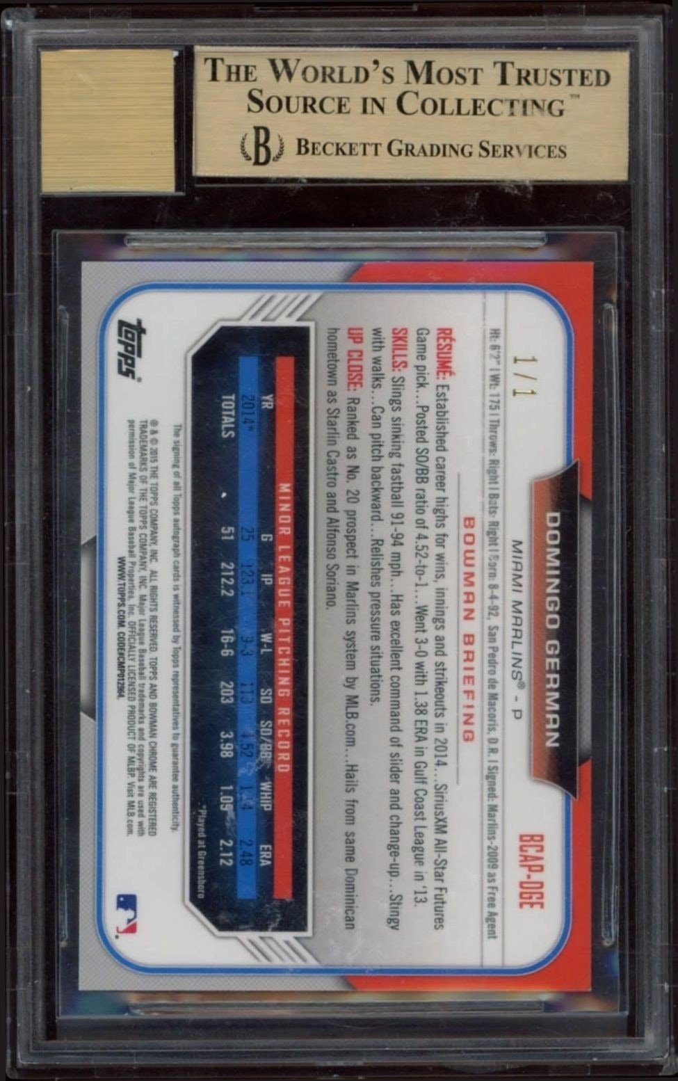 2015 Bowman Draft Domingo German #BCAP-DGE baseball trading card back