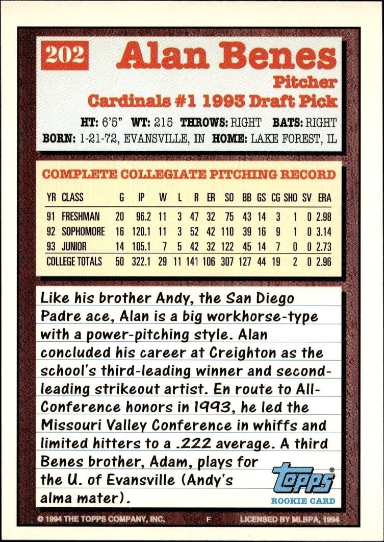 1994 Topps Alan Benes #202 baseball trading card back