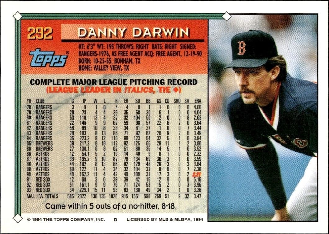 1994 Topps Danny Darwin #292 baseball trading card back