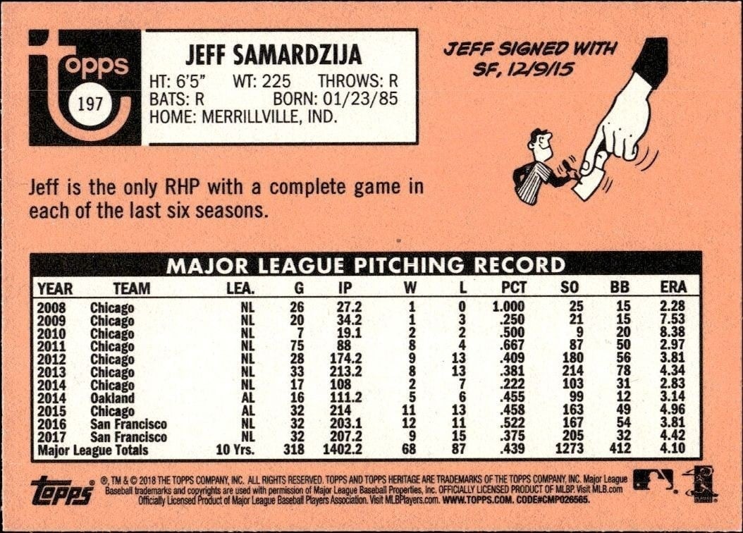 2018 Topps Heritage Jeff Samardzija #197 baseball trading card back