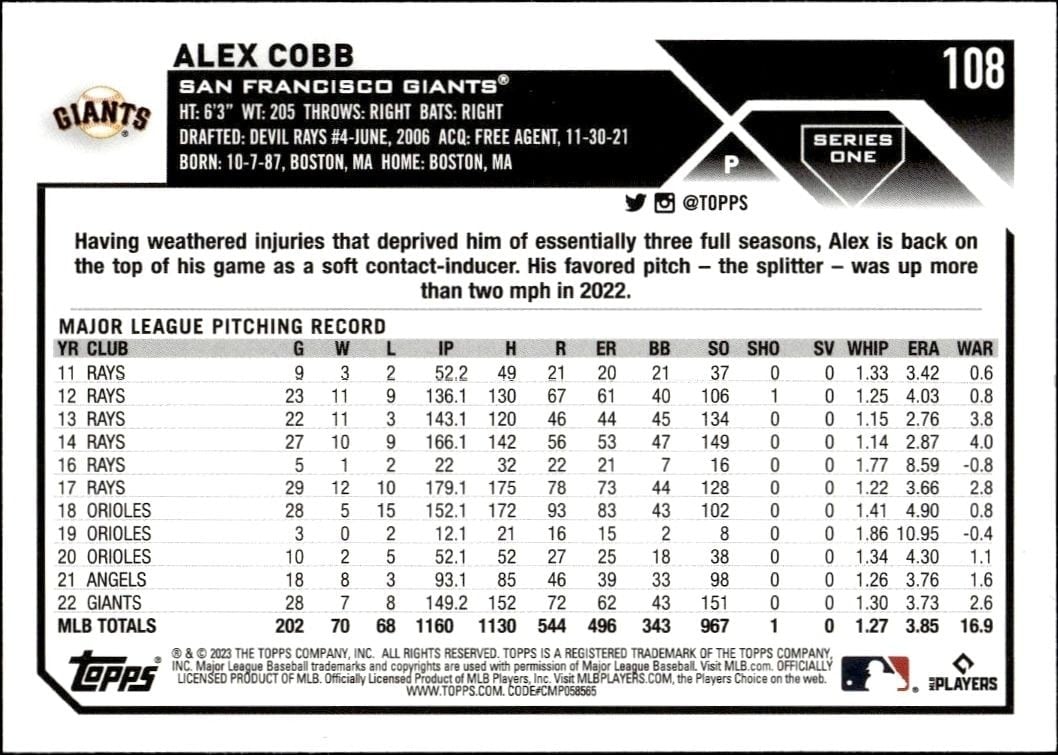 2023 Topps Alex Cobb #108 baseball trading card back