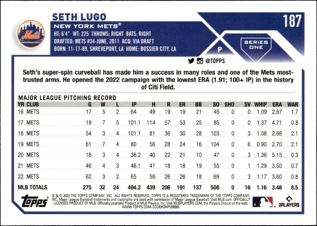 2023 Topps Seth Lugo #187 baseball trading card back