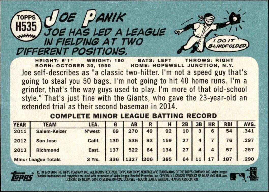 2014 Topps Heritage High Number Joe Panik #H535 baseball trading card back