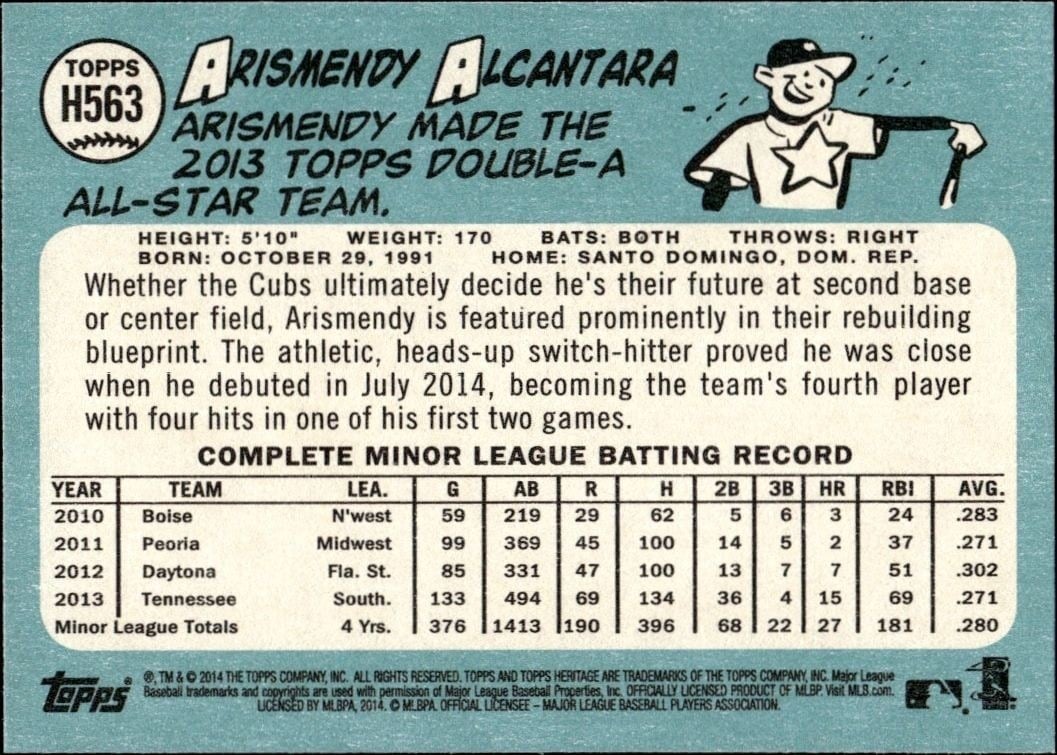 2014 Topps Heritage High Number Arismendy Alcantara #H563 baseball trading card back