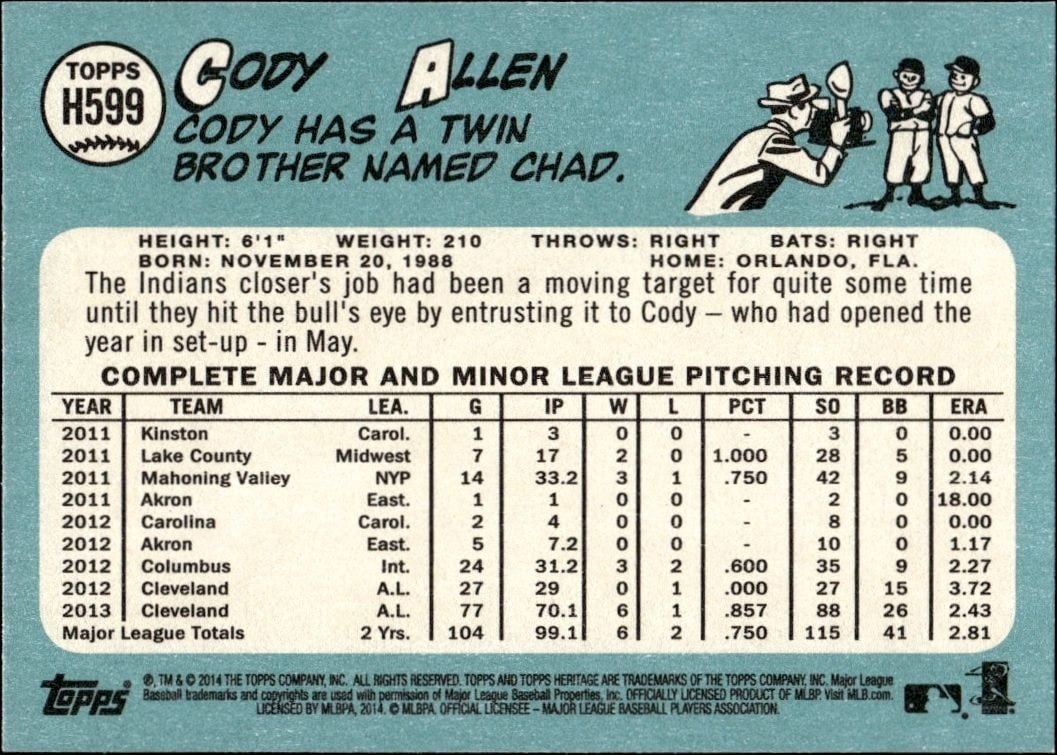 2014 Topps Heritage High Number Cody Allen #H599 baseball trading card back