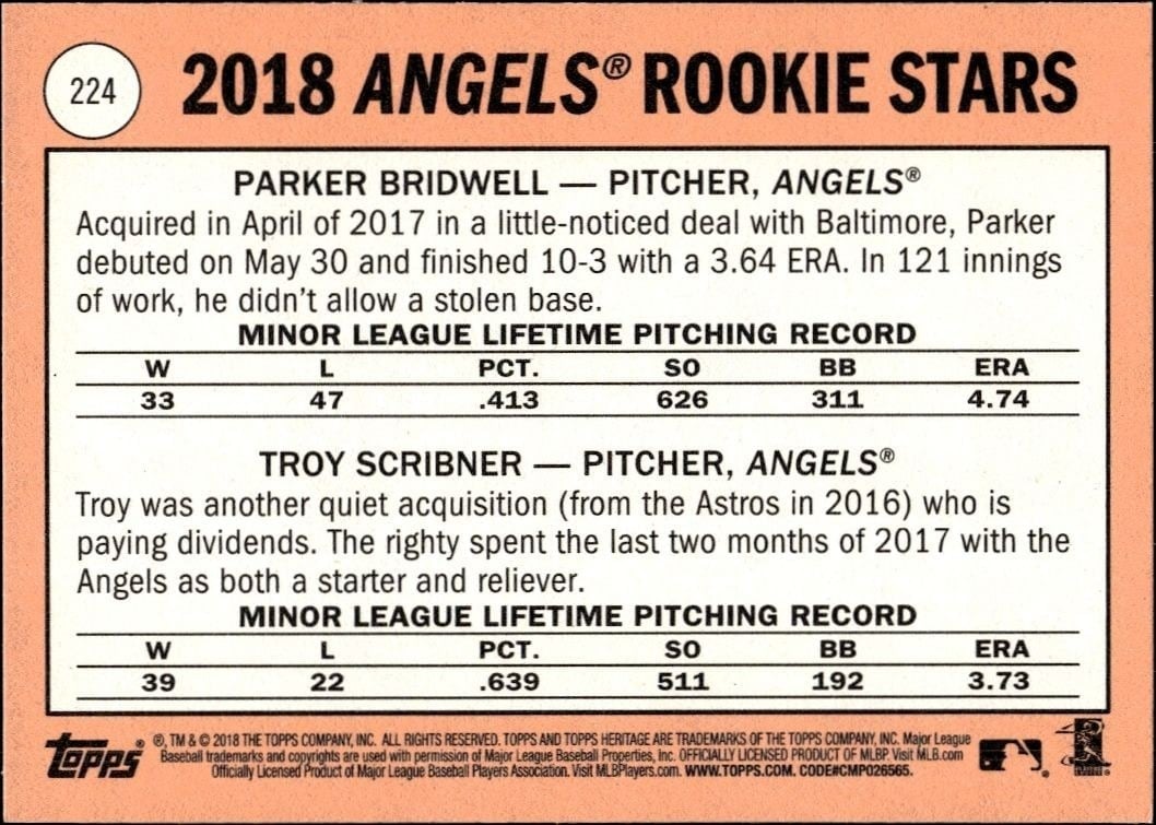 2018 Topps Heritage Parker Bridwell #224 baseball trading card back