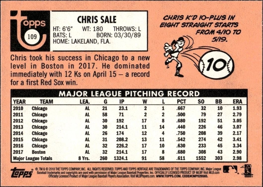 2018 Topps Heritage Chris Sale #109 baseball trading card back