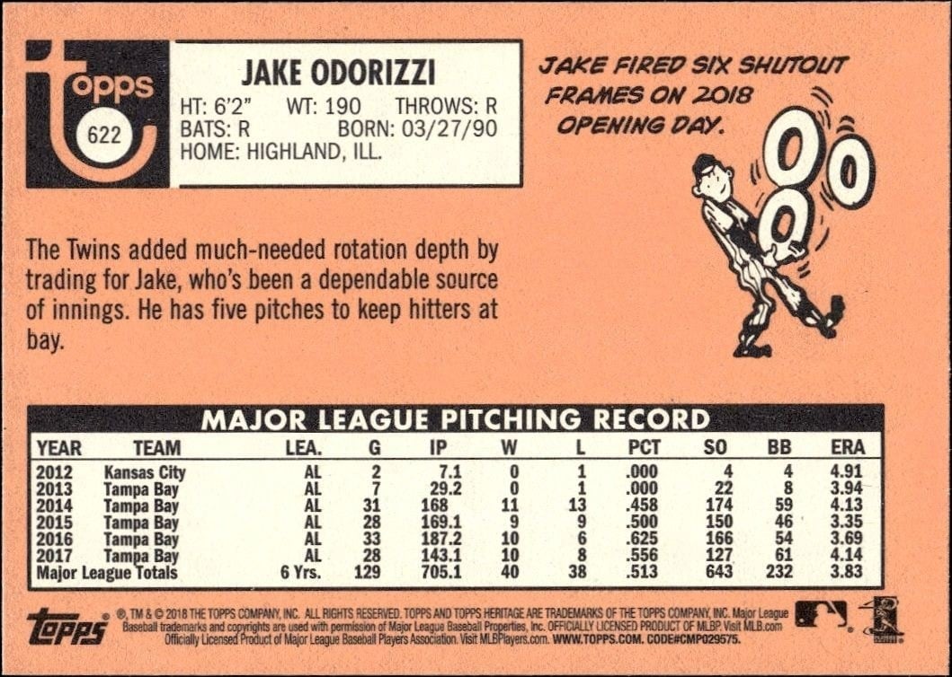 2018 Topps Heritage High Number Jake Odorizzi #622 baseball trading card back