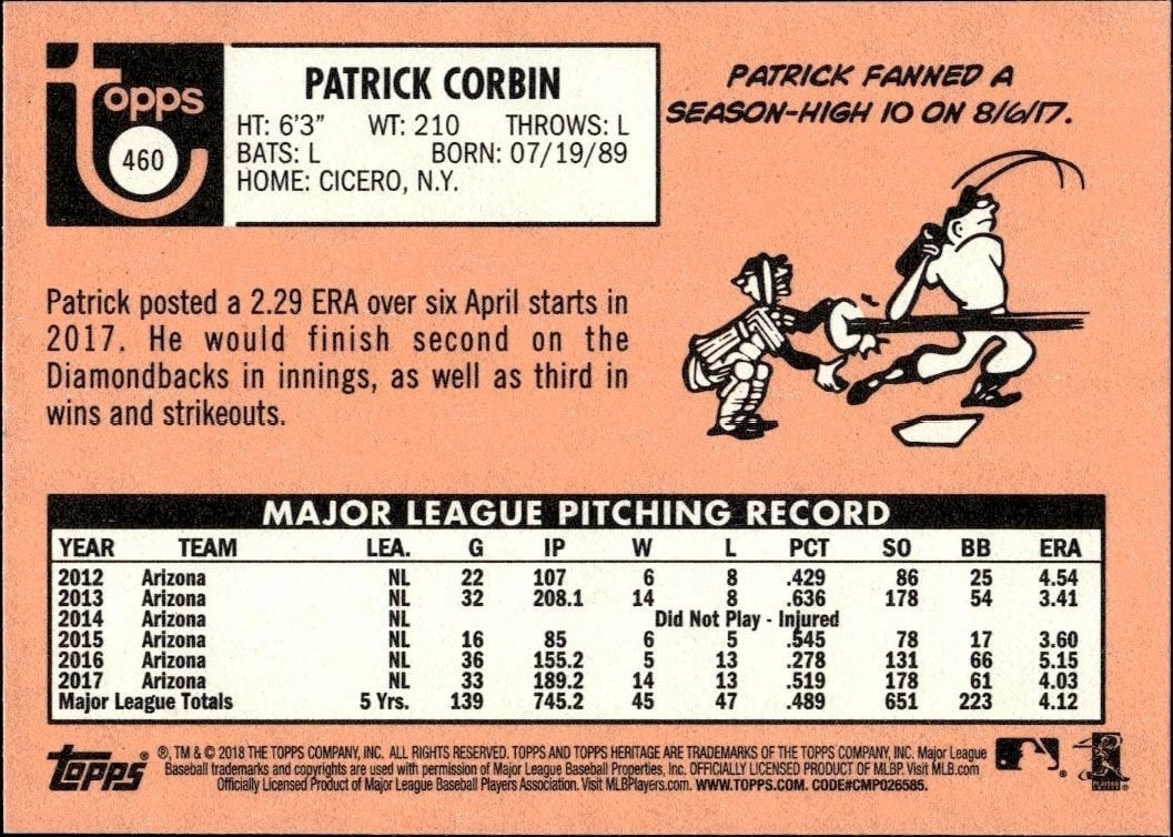 2018 Topps Heritage Patrick Corbin #460 baseball trading card back