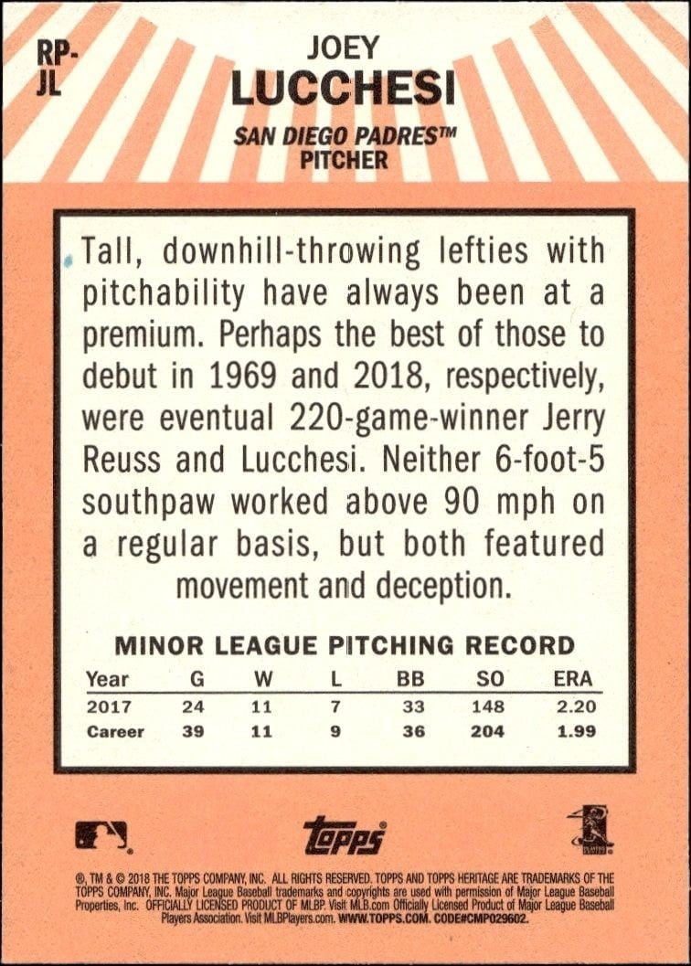 2018 Topps Heritage Joey Lucchesi #RP-JL baseball trading card back