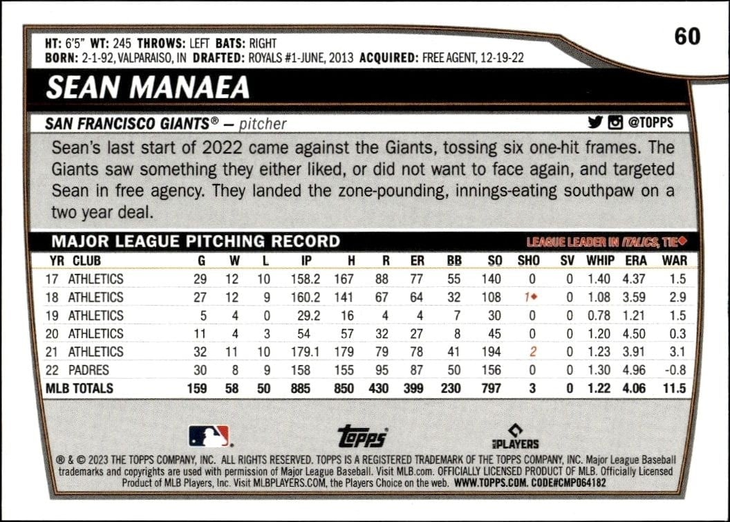 2023 Topps Big League Sean Manaea #60 baseball trading card back