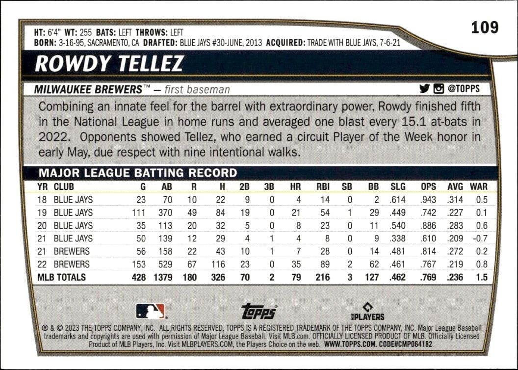 2023 Topps Big League Rowdy Tellez #109 baseball trading card back