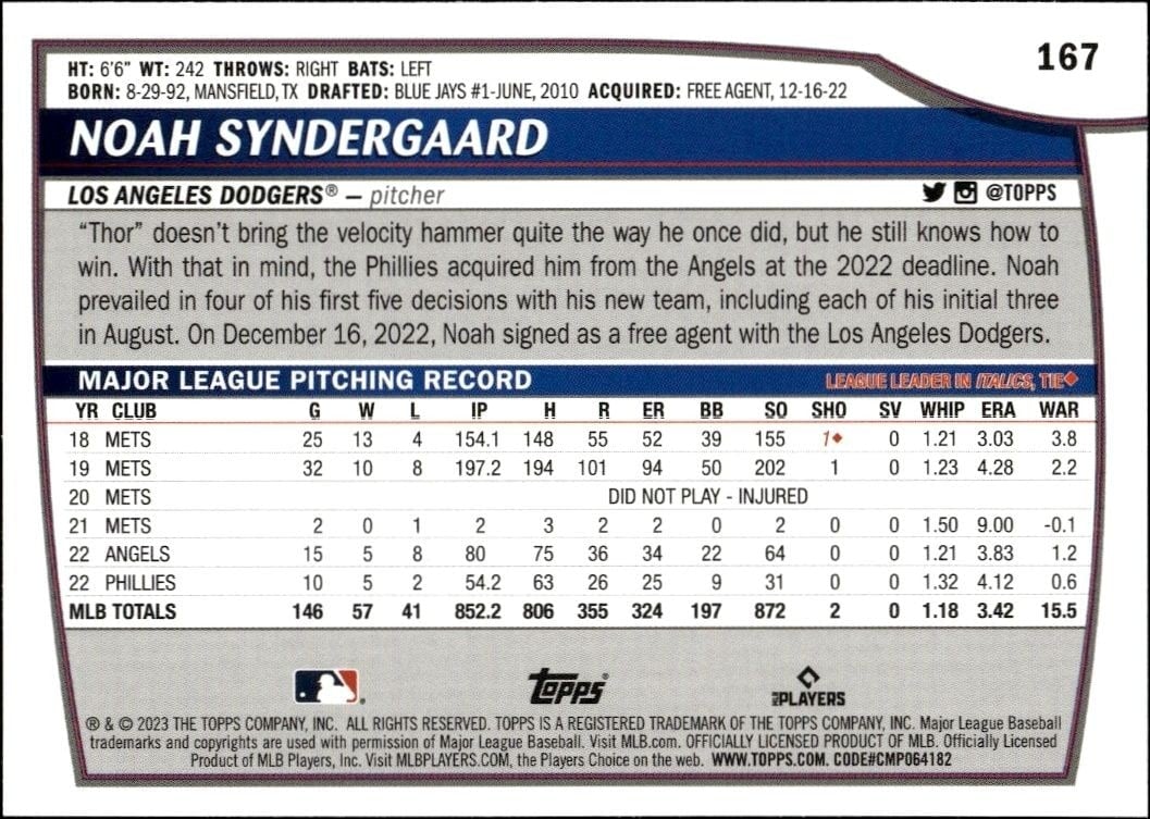 2023 Topps Big League Noah Syndergaard #167 baseball trading card back