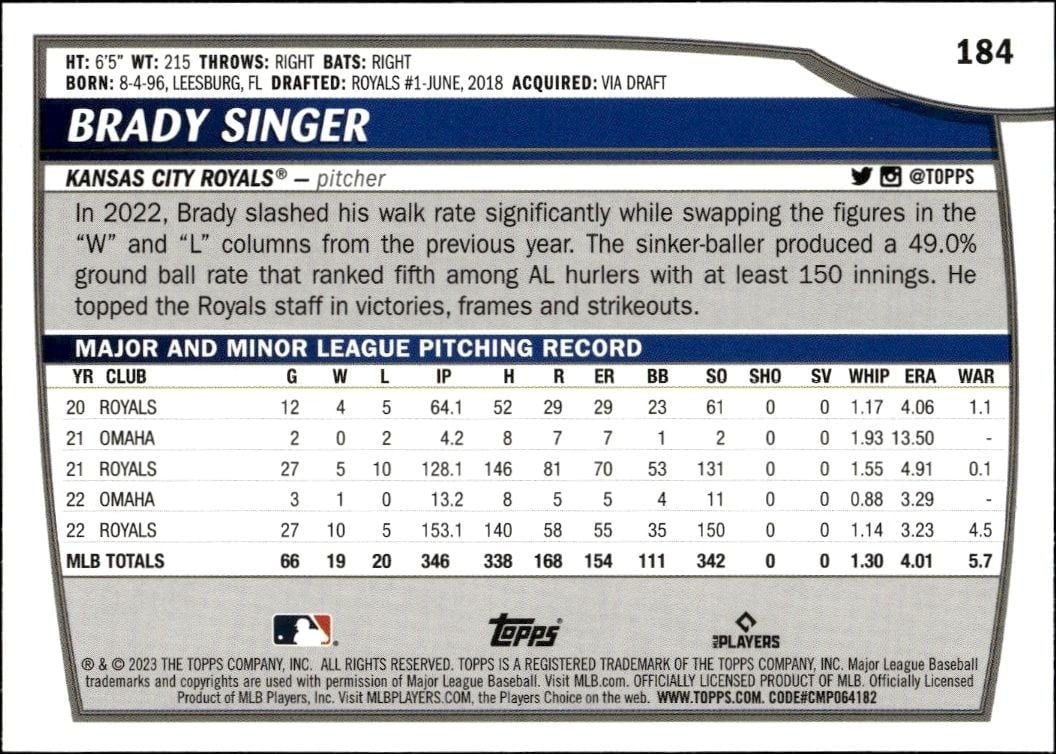 2023 Topps Big League Brady Singer #184 baseball trading card back