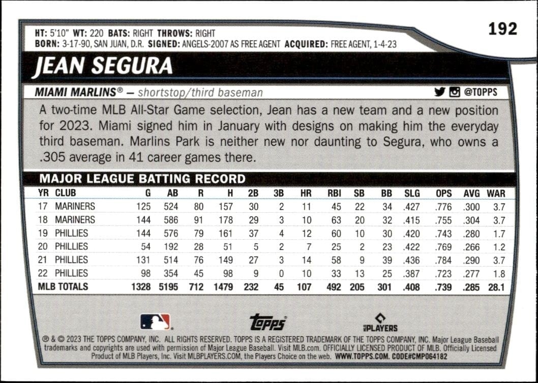 2023 Topps Big League Jean Segura #192 baseball trading card back