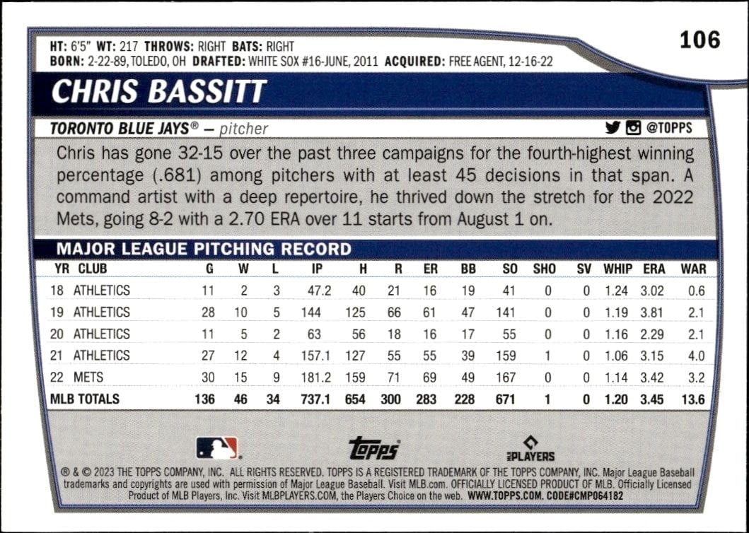 2023 Topps Big League Chris Bassitt #106 baseball trading card back