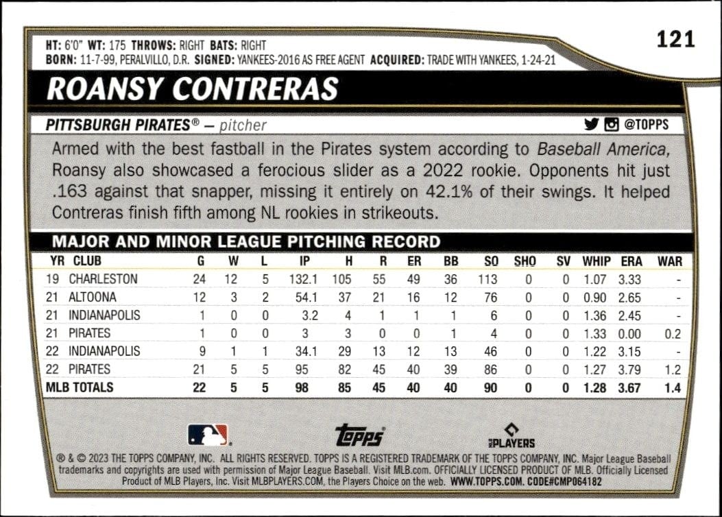 2023 Topps Big League Roansy Contreras #121 baseball trading card back