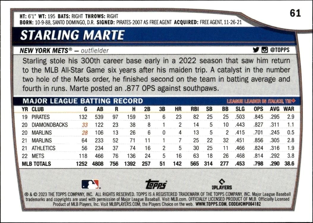 2023 Topps Big League Starling Marte #61 baseball trading card back