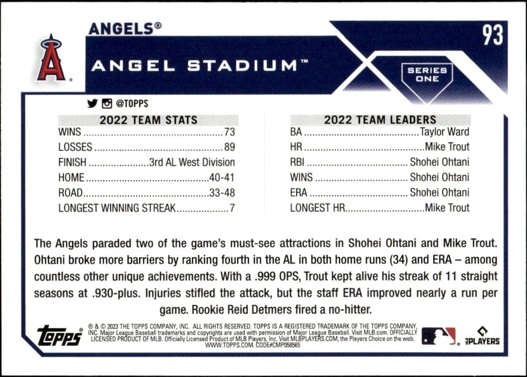 2023 Topps Los Angeles Angels #93 baseball trading card back