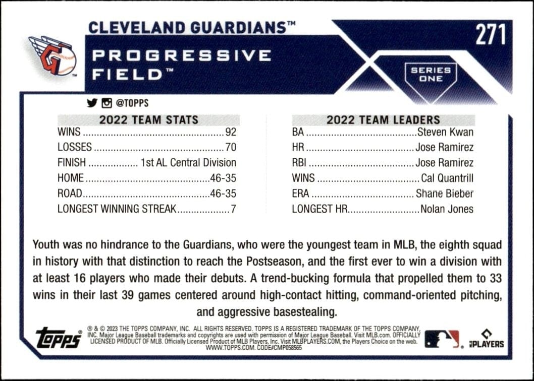 2023 Topps Cleveland Guardians #271 baseball trading card back
