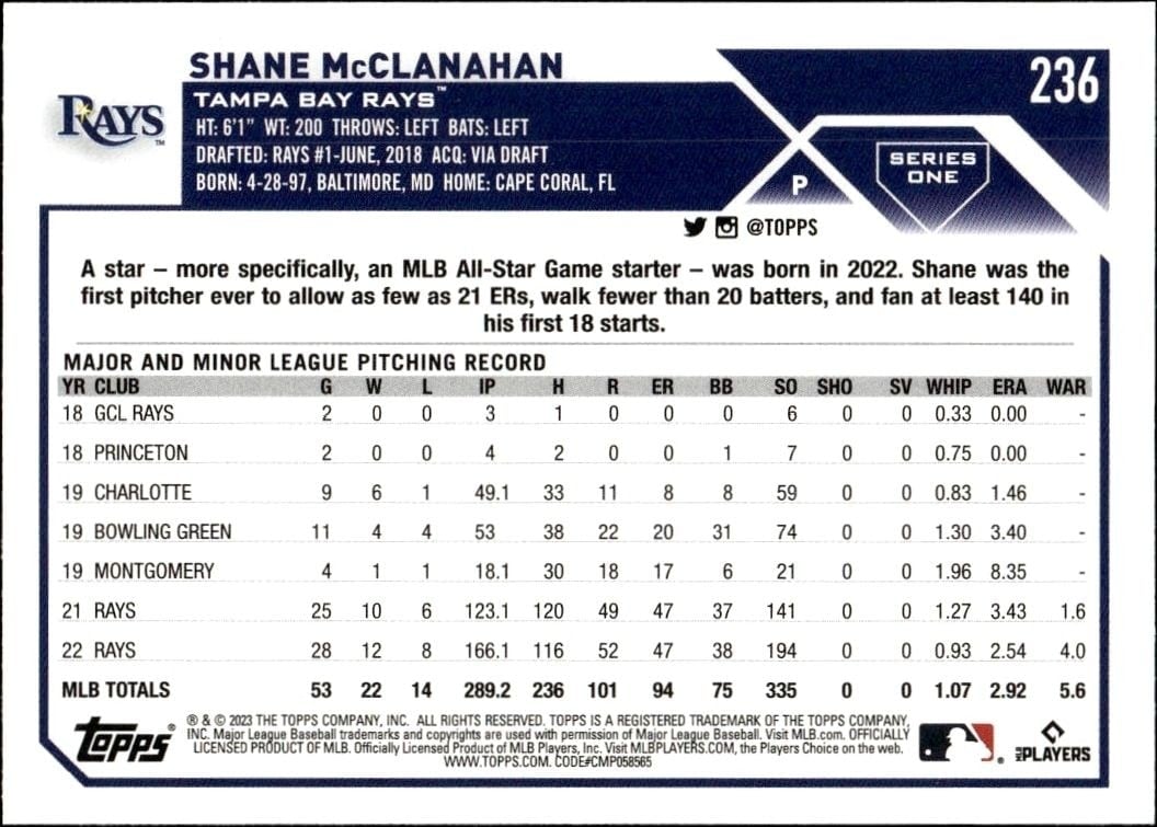 2023 Topps Shane McClanahan #236 baseball trading card back
