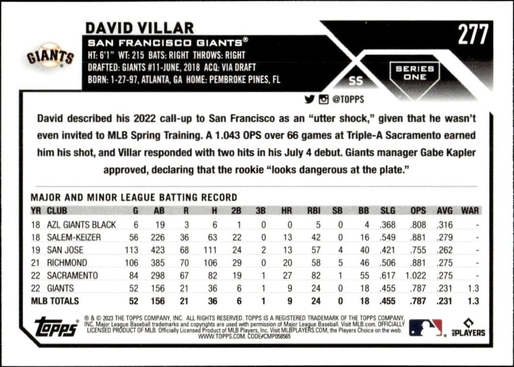 2023 Topps David Villar #277 baseball trading card back