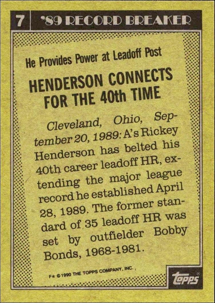 1990 Topps Rickey Henderson #7 baseball trading card back