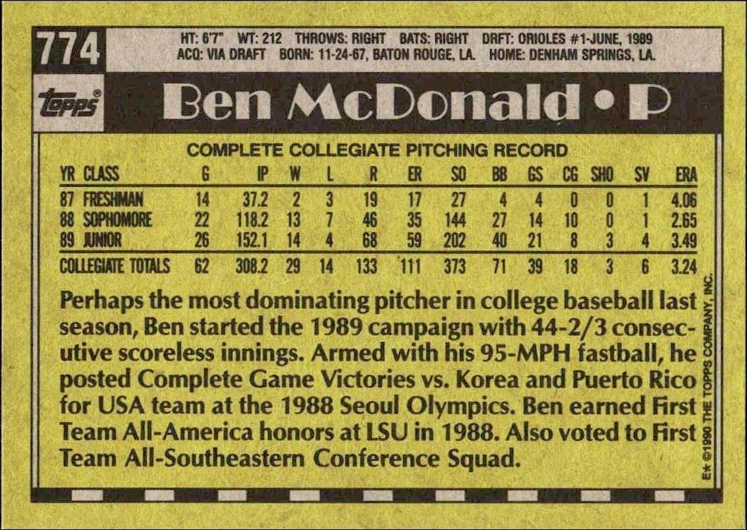 1990 Topps Ben McDonald #774 baseball trading card back