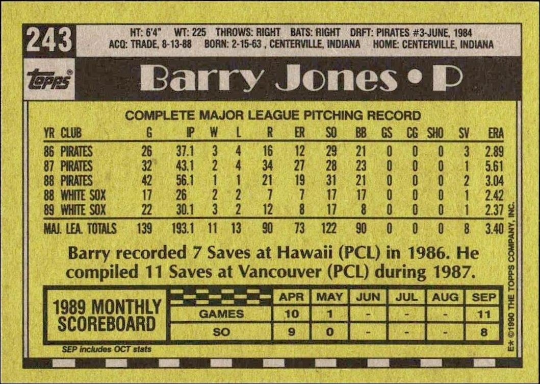 1990 Topps Barry Jones #243 baseball trading card back