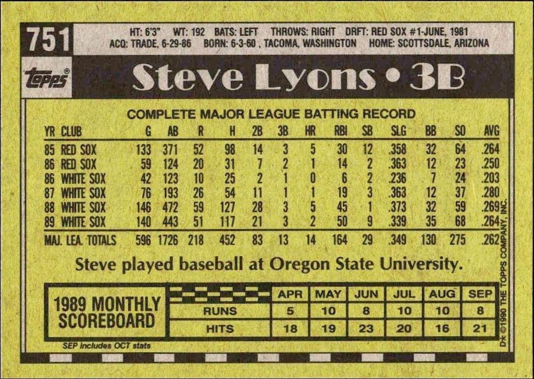 1990 Topps Steve Lyons #751 baseball trading card back
