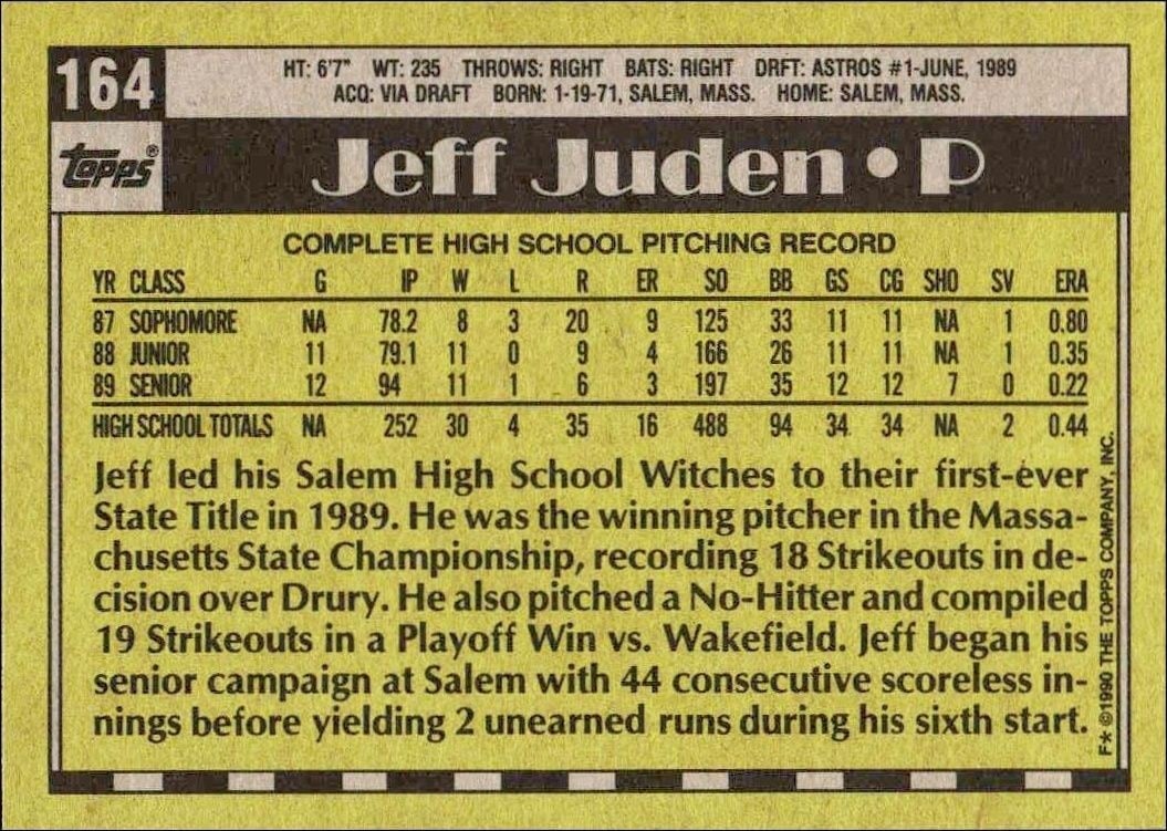 1990 Topps Jeff Juden #164 baseball trading card back
