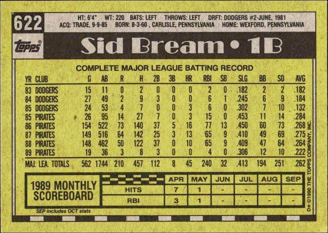 1990 Topps Sid Bream #622 baseball trading card back