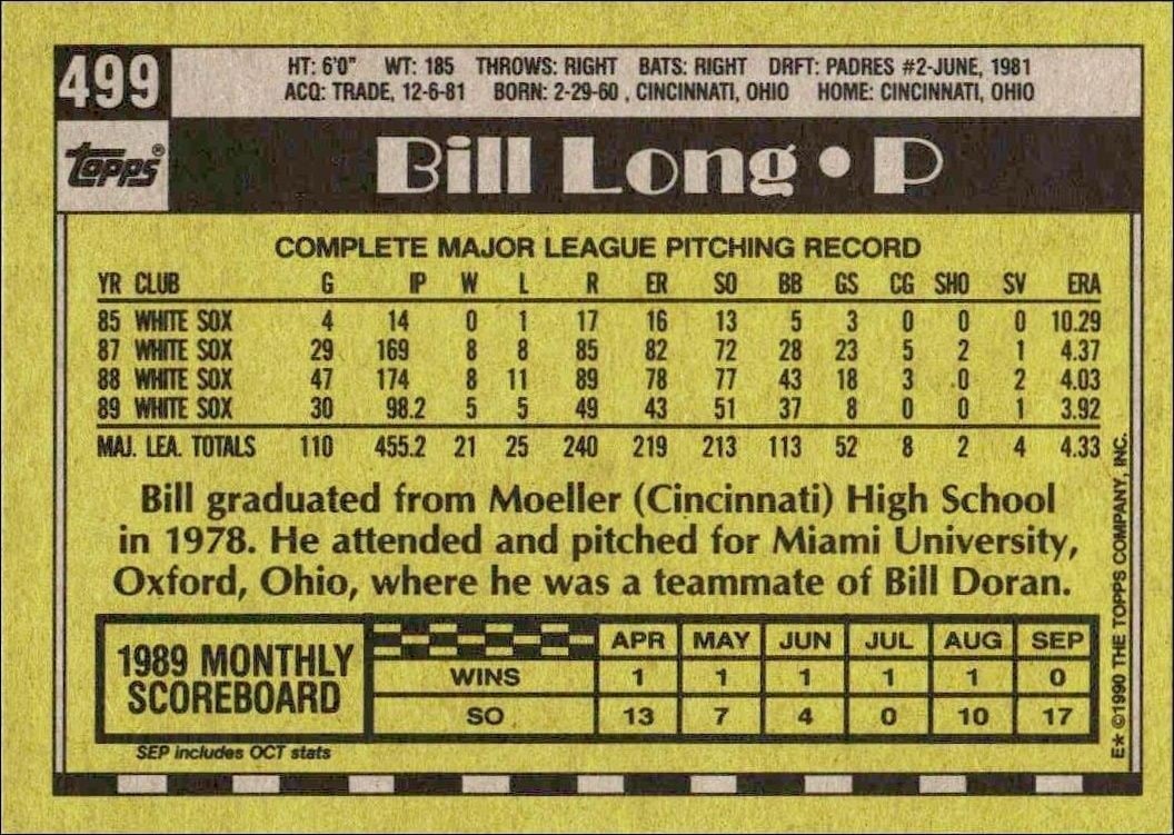 1990 Topps Bill Long #499 baseball trading card back