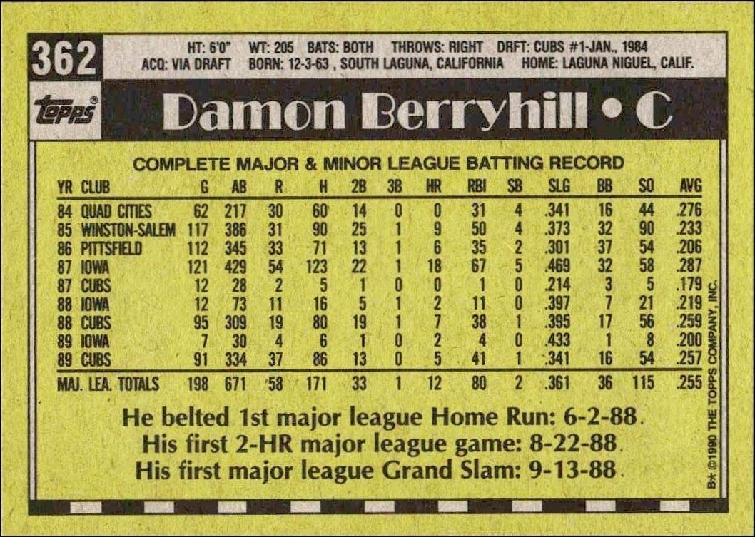 1990 Topps Damon Berryhill #362 baseball trading card back