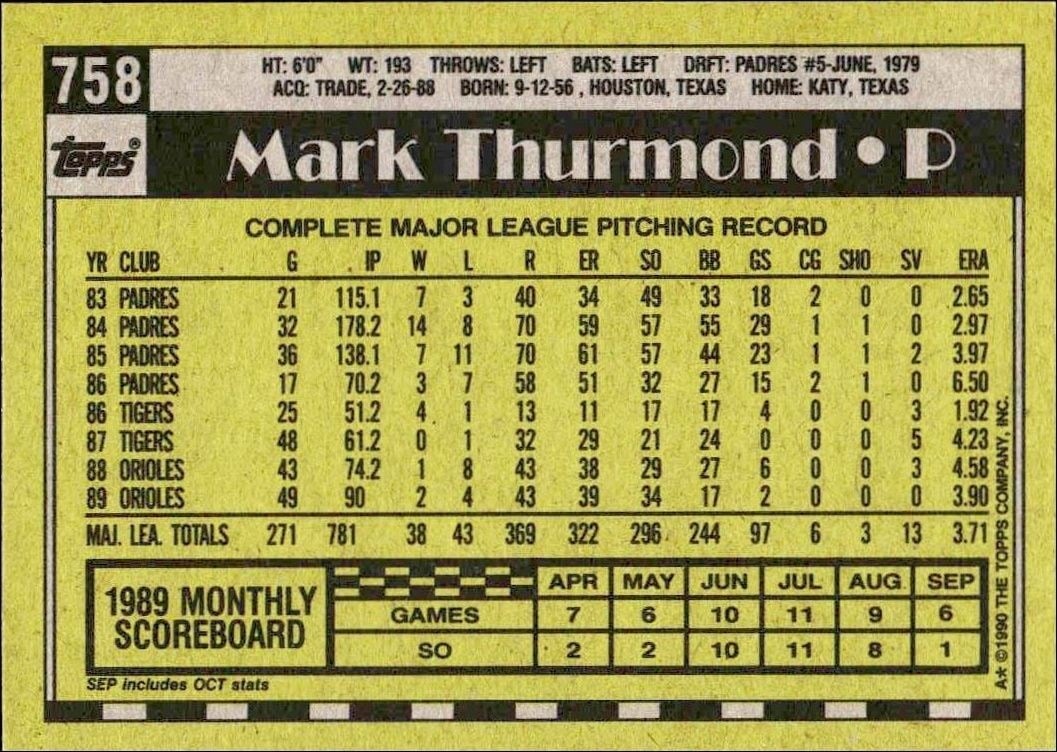1990 Topps Mark Thurmond #758 baseball trading card back