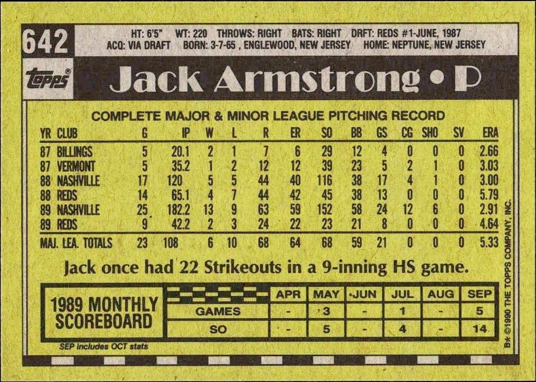 1990 Topps Jack Armstrong #642 baseball trading card back