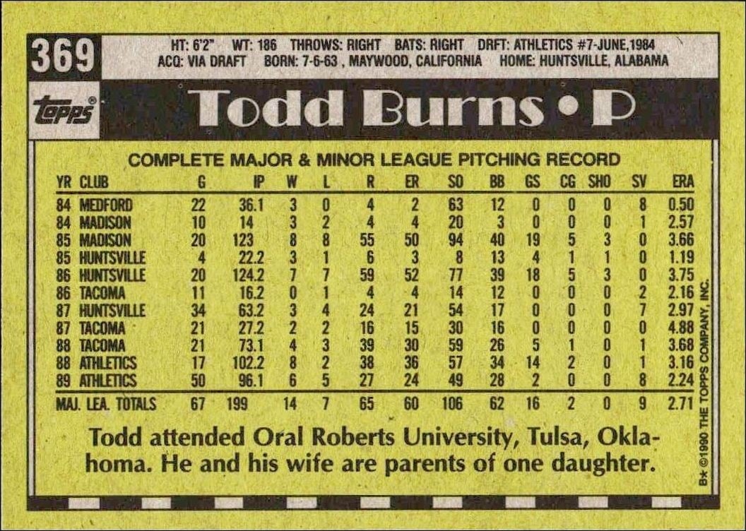 1990 Topps Todd Burns #369 baseball trading card back