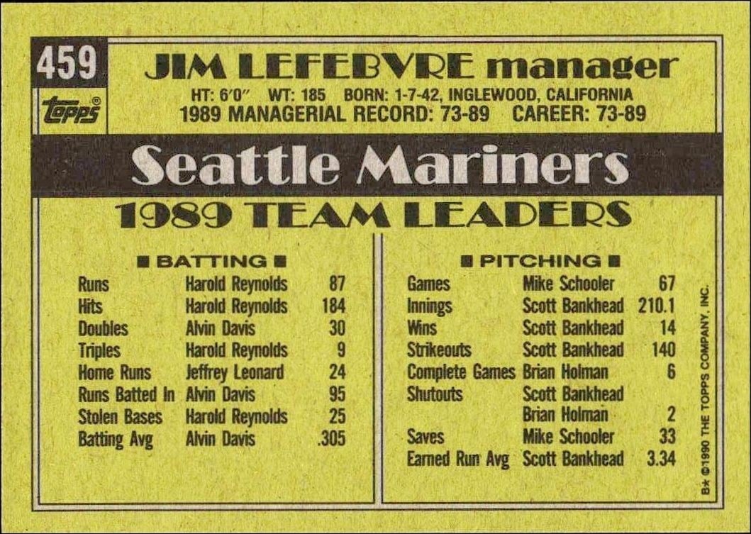 1990 Topps Jim Lefebvre #459 baseball trading card back