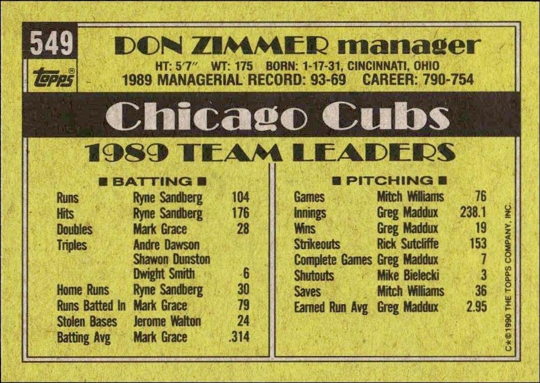 1990 Topps Don Zimmer #549 baseball trading card back