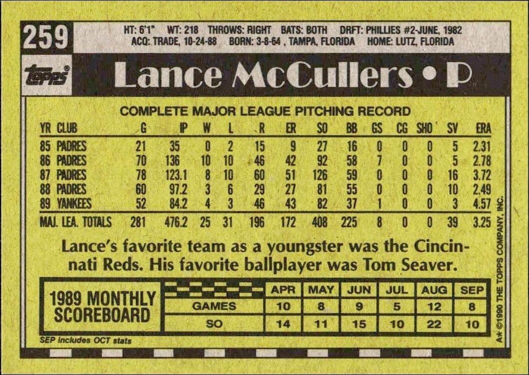 1990 Topps Lance McCullers #259 baseball trading card back