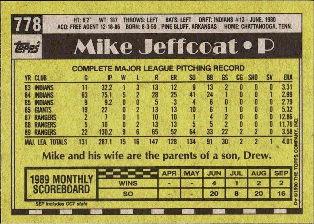 1990 Topps Mike Jeffcoat #778 baseball trading card back