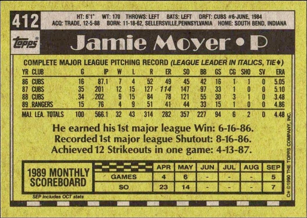 1990 Topps Jamie Moyer #412 baseball trading card back