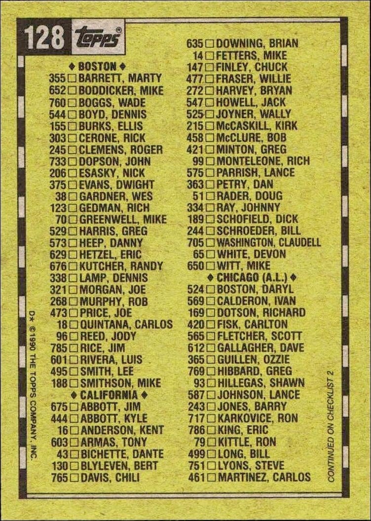 1990 Topps Checklist #128 baseball trading card back
