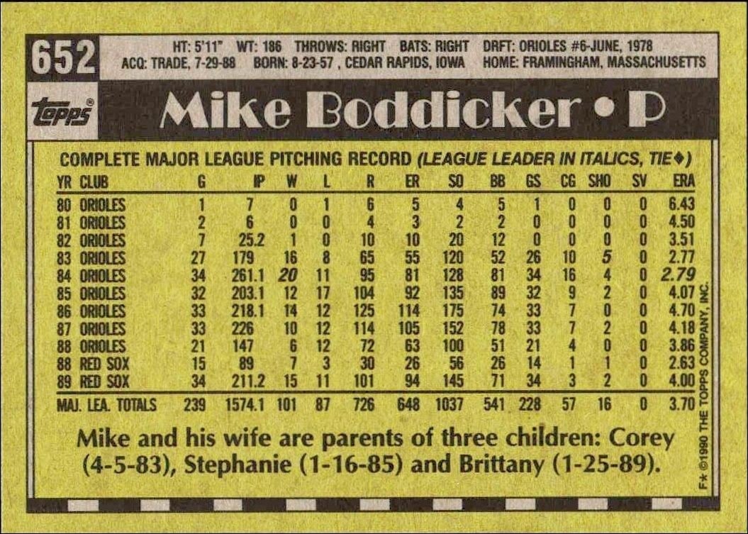 1990 Topps Mike Boddicker #652 baseball trading card back